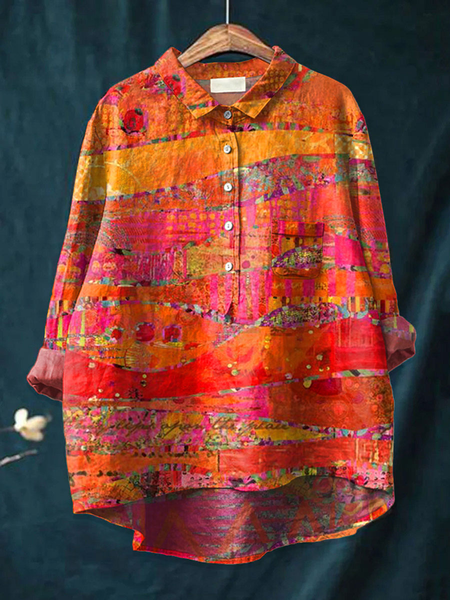 Women abstract print shirt relaxed fit in vibrant multicolor orange pink purple