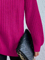 Women ribbed knit turtleneck sweater with side slit hem, autumn winter