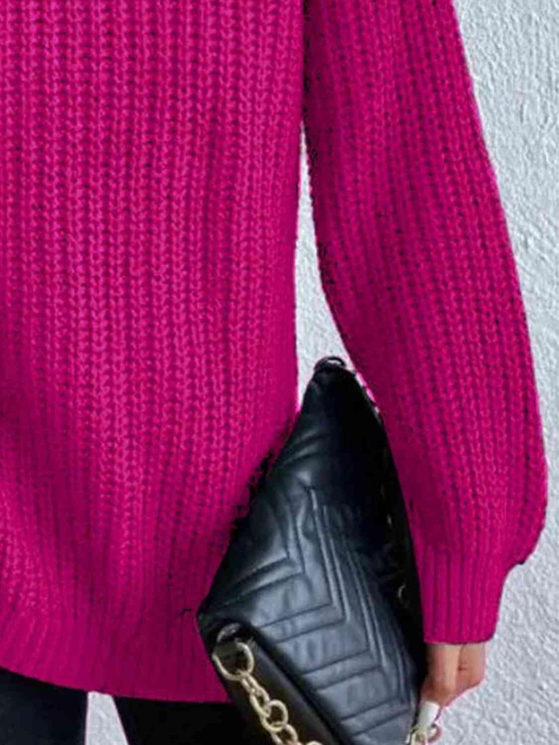 Women ribbed knit turtleneck sweater with side slit hem, autumn winter