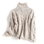 Women cable knit turtleneck sweater relaxed fit in blue beige and black