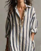 Women's striped maxi dress in blue with lapel collar, casual spring summer style