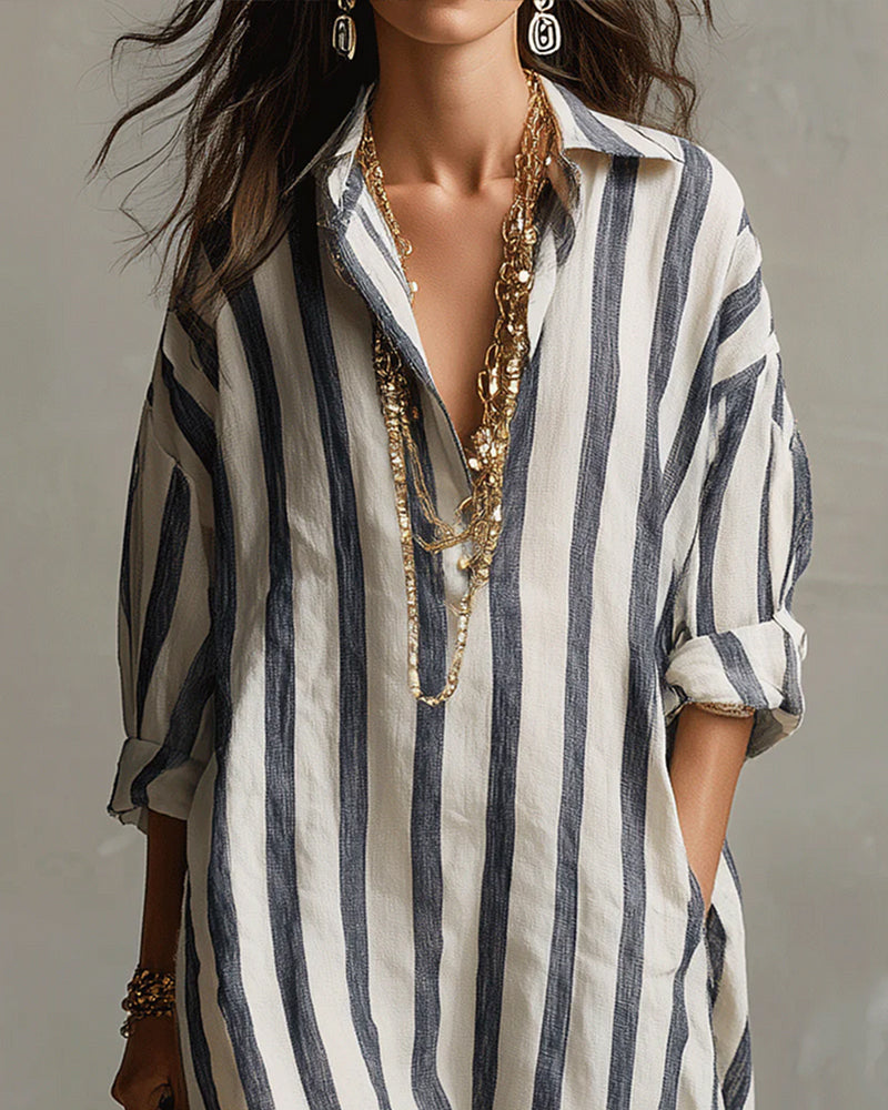 Women's striped maxi dress in blue with lapel collar, casual spring summer style