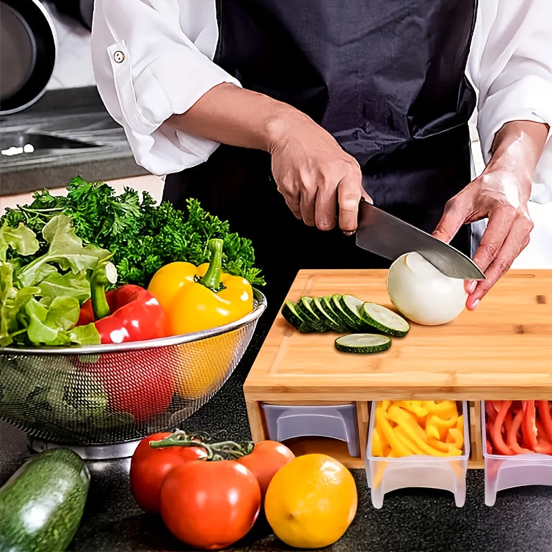 Bamboo cutting board with storage trays, interchangeable graters and juice groove meal prep station
