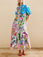 Women's midi dress tropical print, lapel neckline, adjustable waist tie, summer
