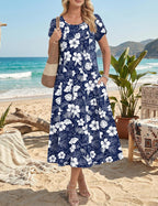 Women's blue midi A-line dress with puff sleeves and pockets