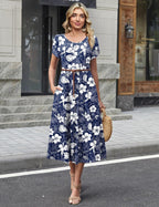 Women's blue midi A-line dress with puff sleeves and pockets