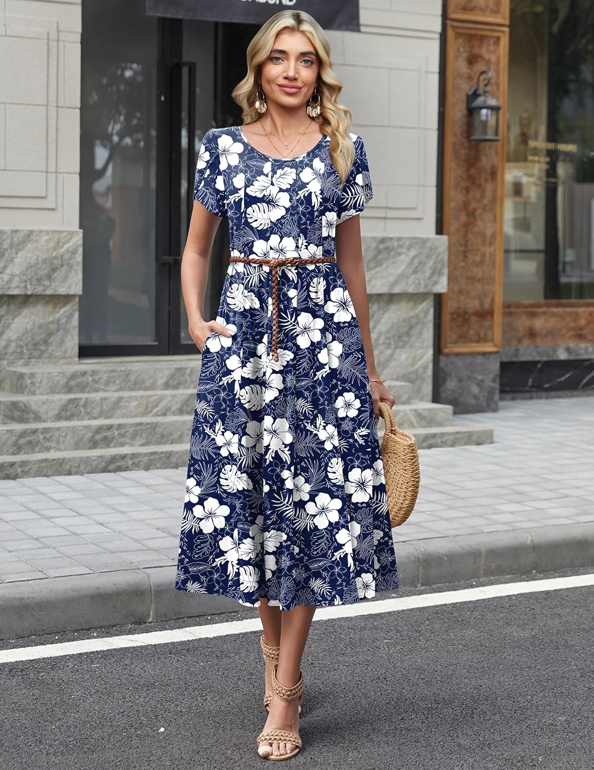 Women's blue midi A-line dress with puff sleeves and pockets