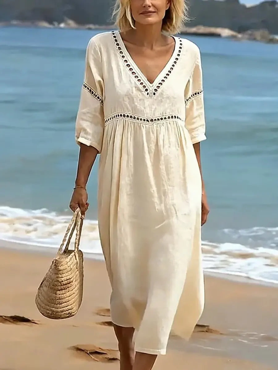 Women's soft-touch V-neck dress with side pockets, short sleeves, everyday casual wear