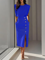 Women's structured midi dress with round neckline and button slit detail