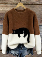 Women knit jumper colour block with black cat motif relaxed fit
