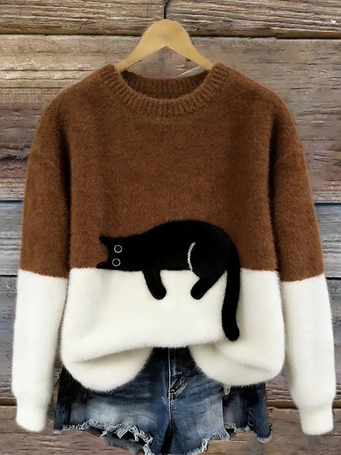 Women knit jumper colour block with black cat motif relaxed fit