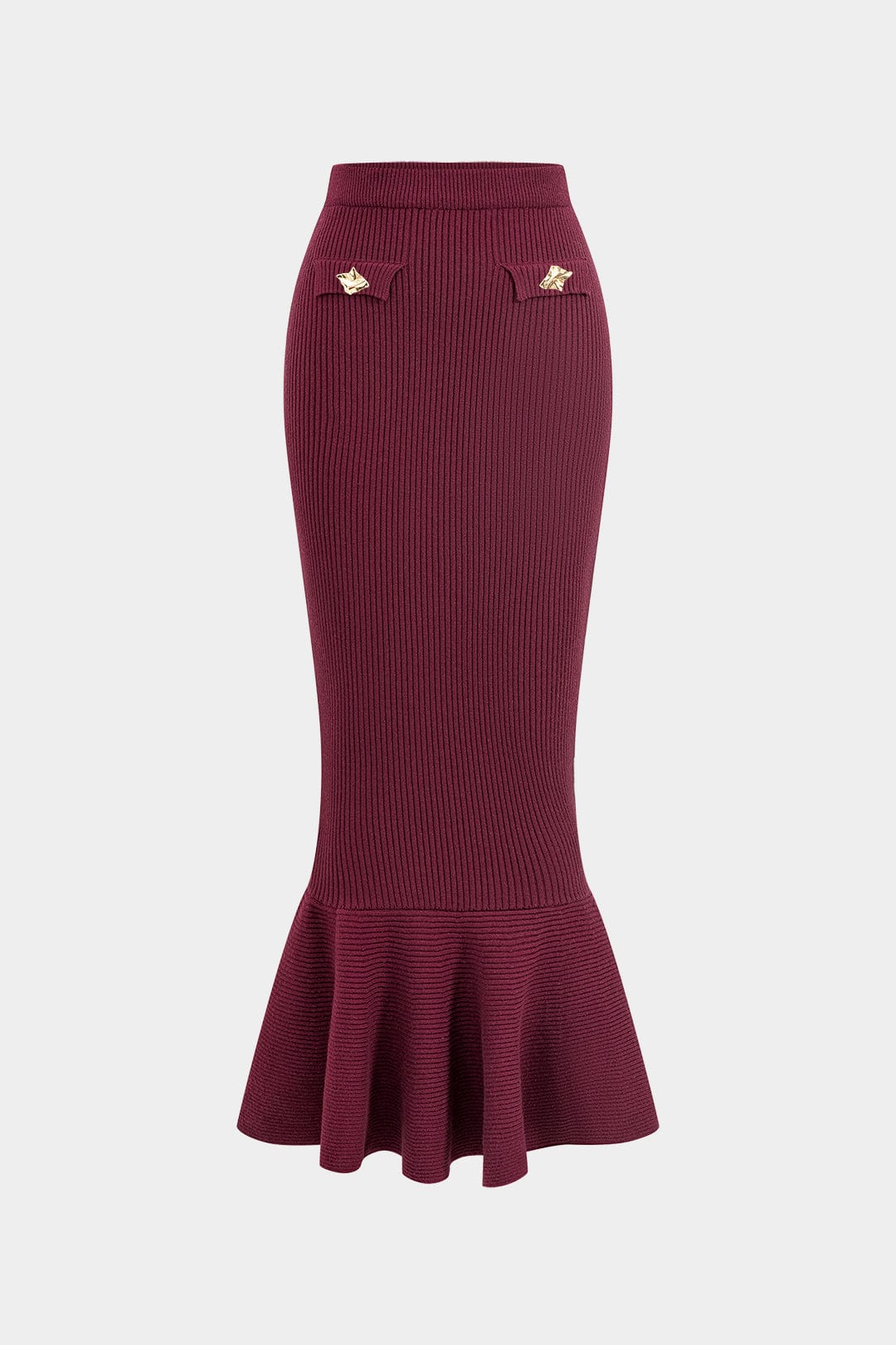 Women 2 piece knit set midi skirt with ruffle hem and gold button top