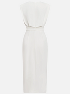 Women's structured midi dress with round neckline and button slit detail