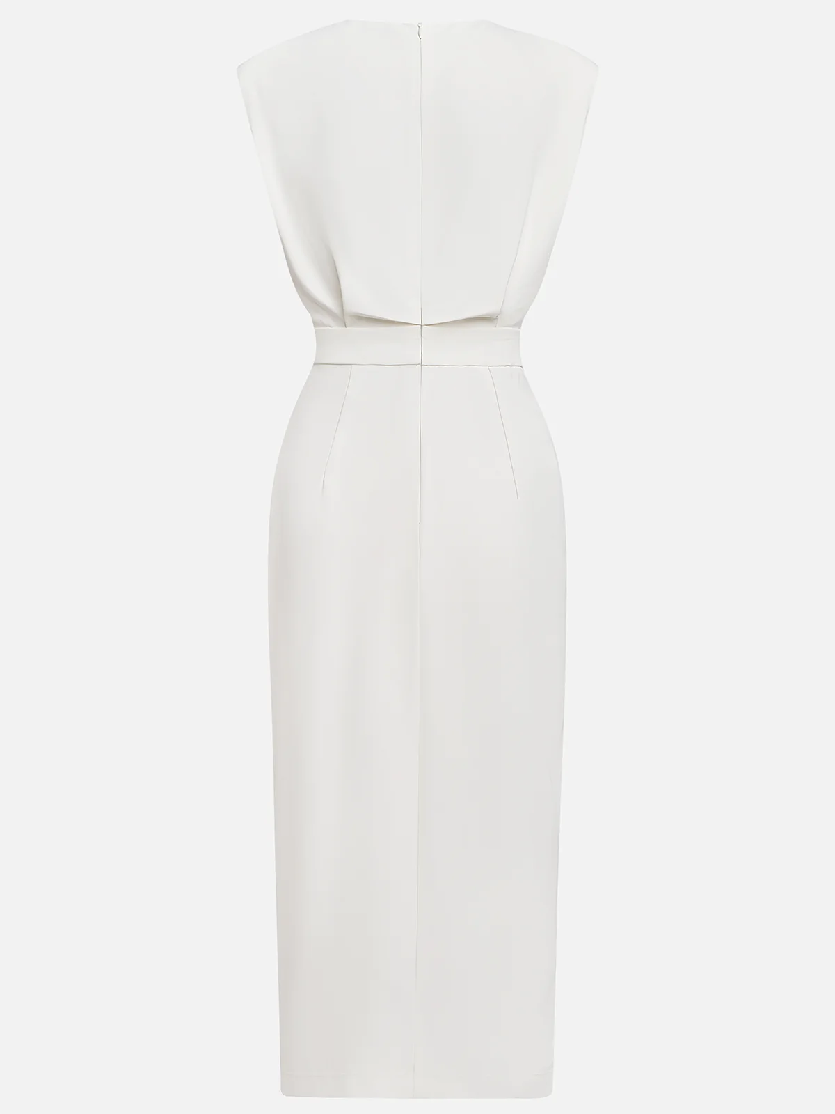 Women's structured midi dress with round neckline and button slit detail