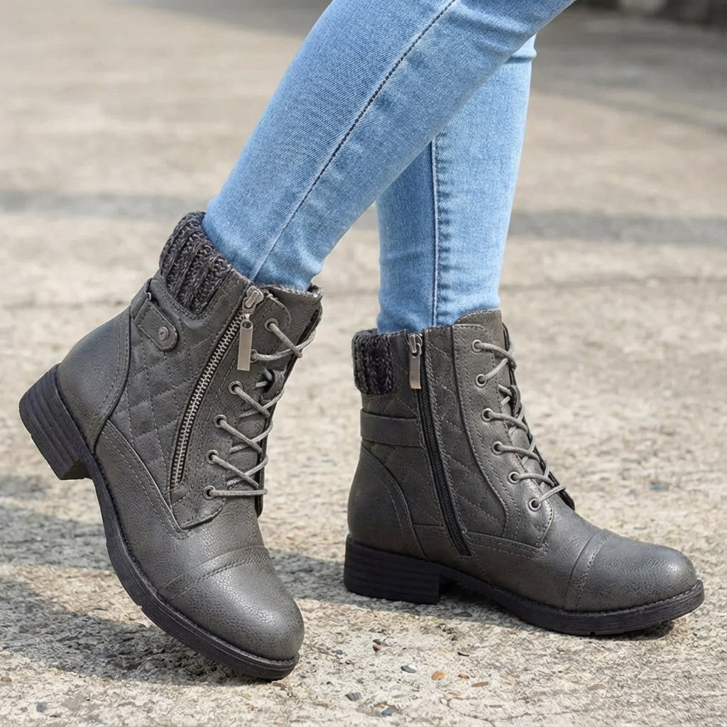 Women's leather ankle boots with side zipper and low block heel