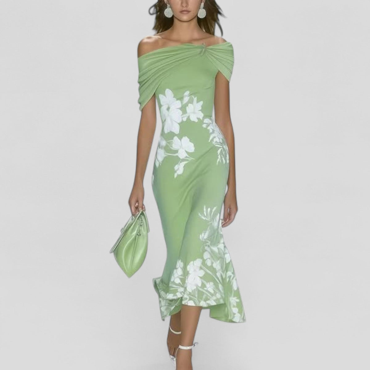 Midi dress with fitted silhouette, floral details and flared ruffle hem
