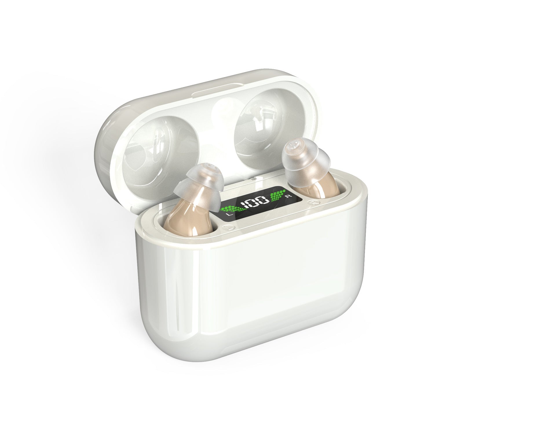 Invisible rechargeable in-ear hearing aid discreet white compact design