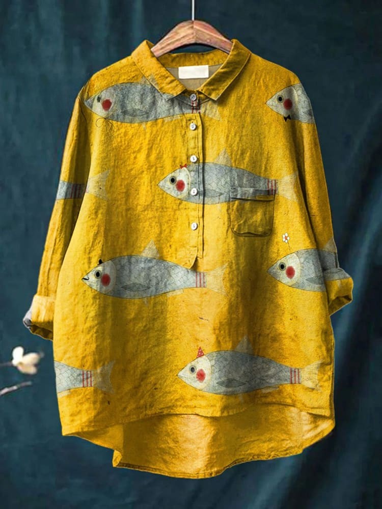 Women fish print shirt mustard yellow with playful aquatic illustration