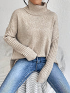 Women knit sweater high neck asymmetric hem relaxed fit