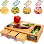 Bamboo cutting board with storage trays, interchangeable graters and juice groove meal prep station