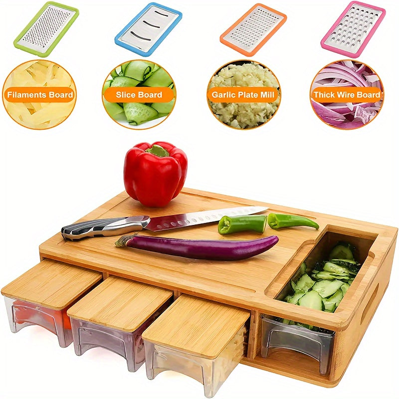 Bamboo cutting board with storage trays, interchangeable graters and juice groove meal prep station
