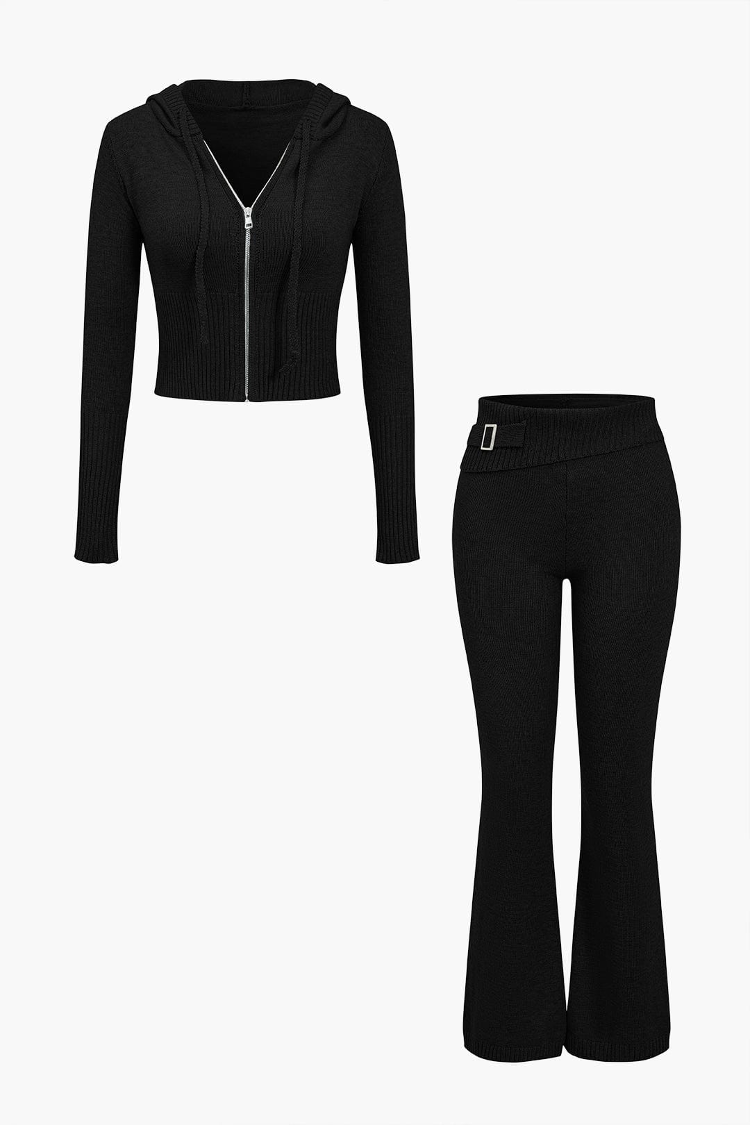 Women 2 piece knit hoodie and flared pants set with side buckle detail