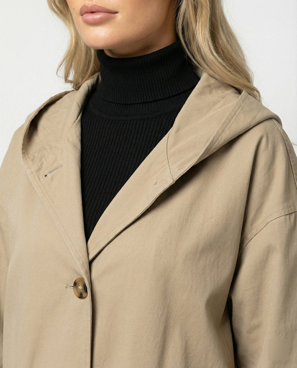 Women hooded water repellent trench coat maxi length in beige