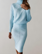 Women 2 piece knit turtleneck sweater and slim skirt set in multiple colors