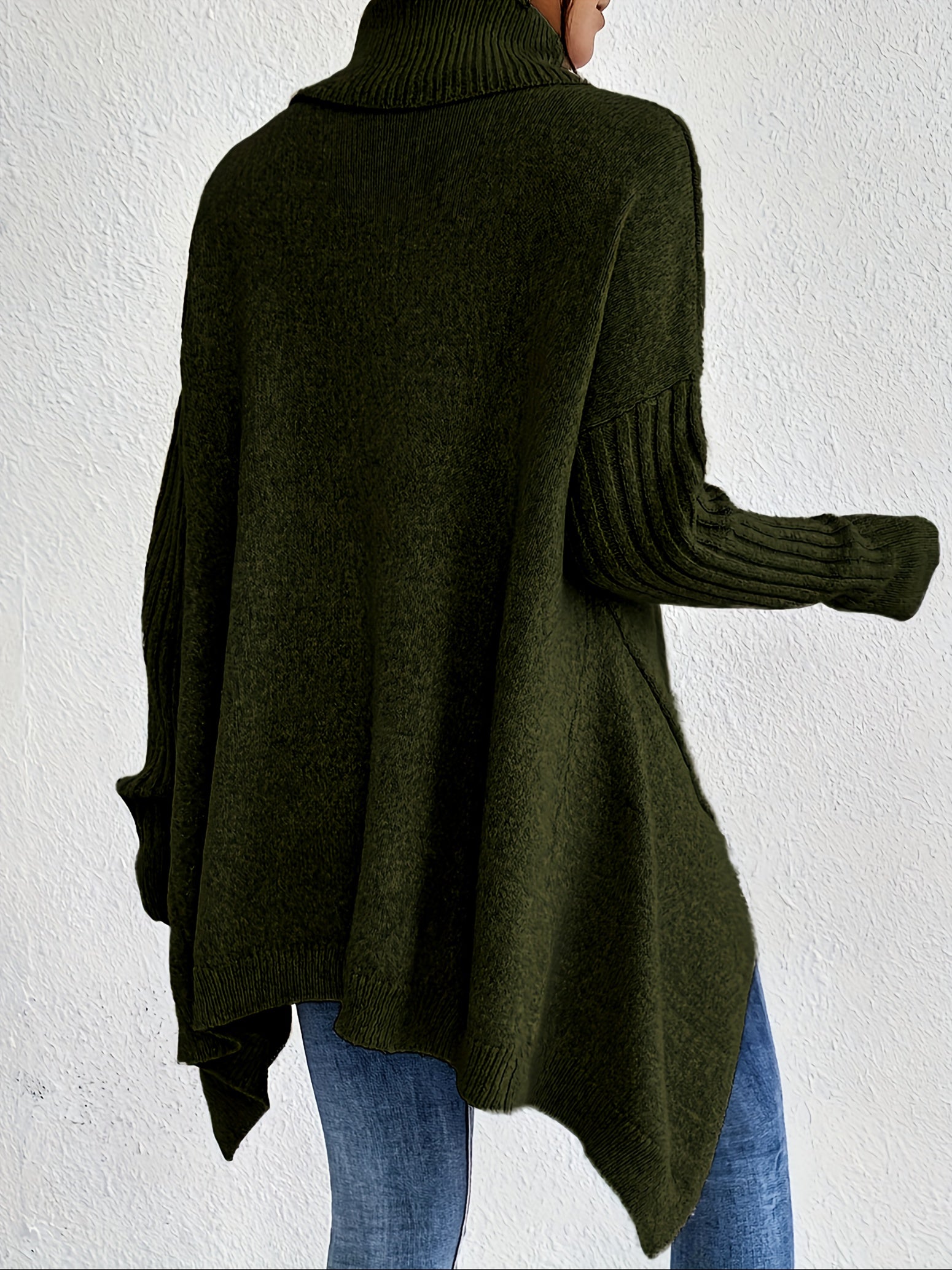 Women knit sweater high neck asymmetric hem relaxed fit