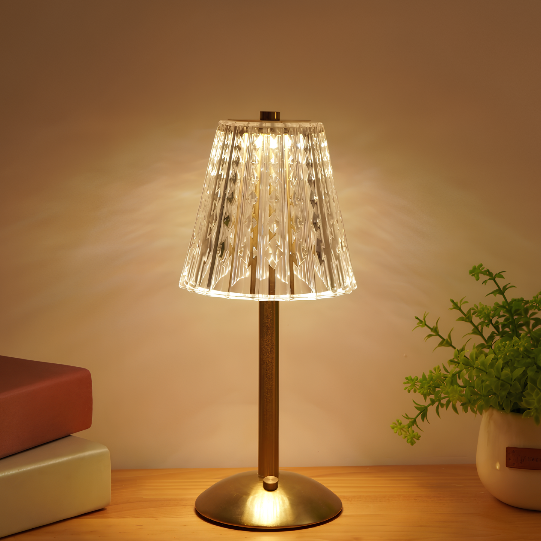 Crystal table lamp cordless touch control rechargeable LED with acrylic shade