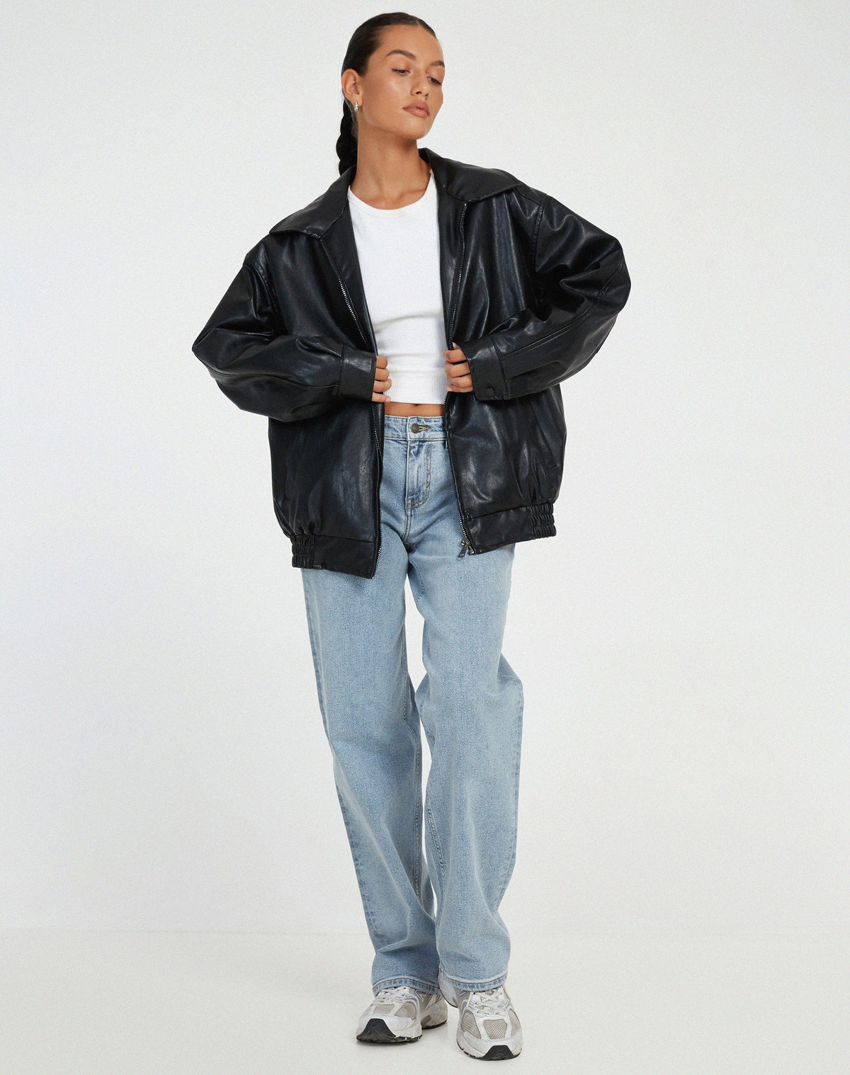 Women's oversized PU leather jacket in brown and black, relaxed fit streetwear style