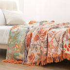 Bohemian cotton throw blanket with tassel fringe and floral jacquard pattern, cream white, 200x230cm