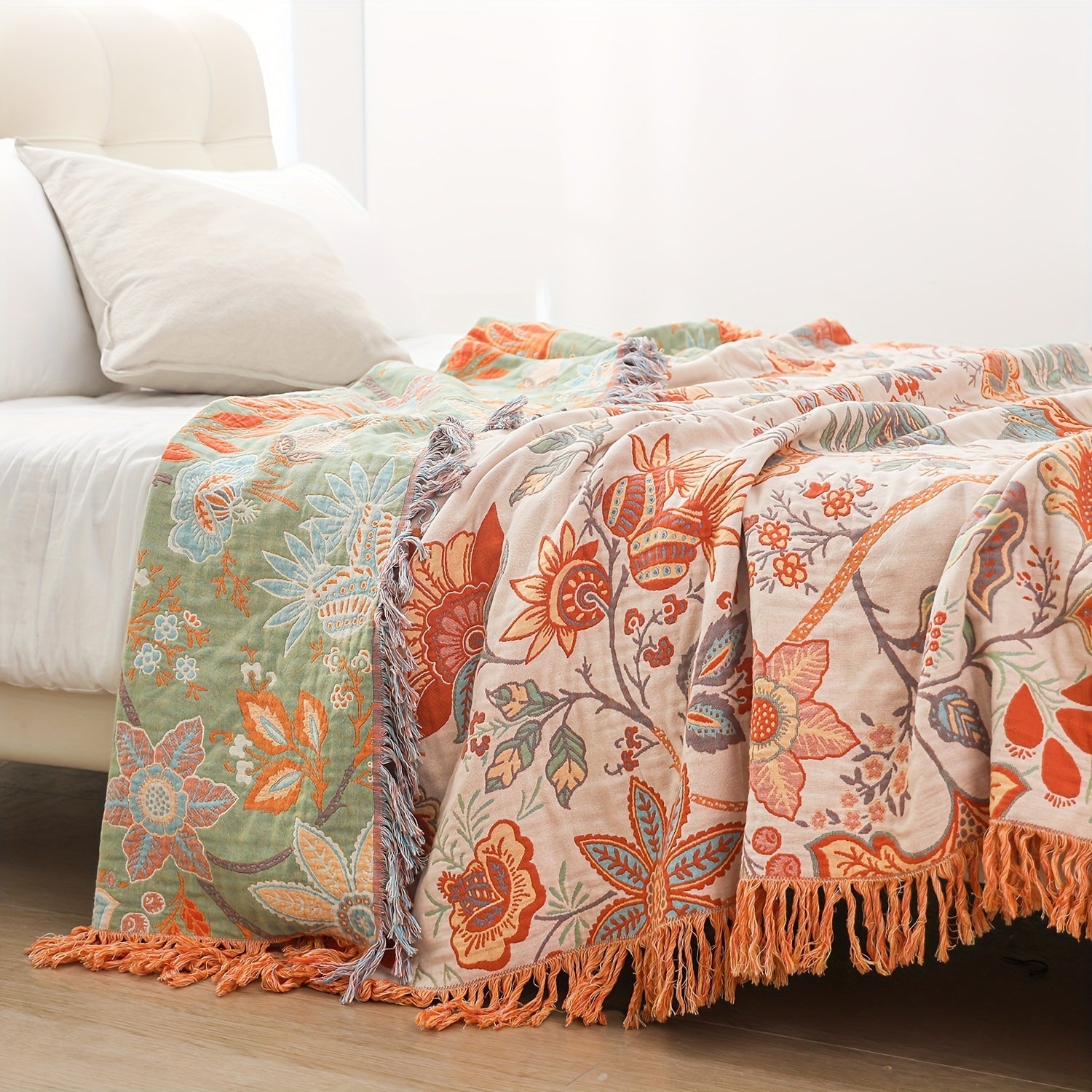 Bohemian cotton throw blanket with tassel fringe and floral jacquard pattern, cream white, 200x230cm