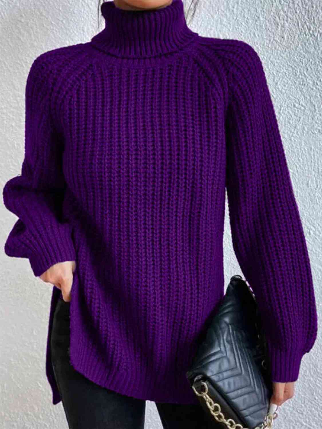 Women ribbed knit turtleneck sweater with side slit hem, autumn winter
