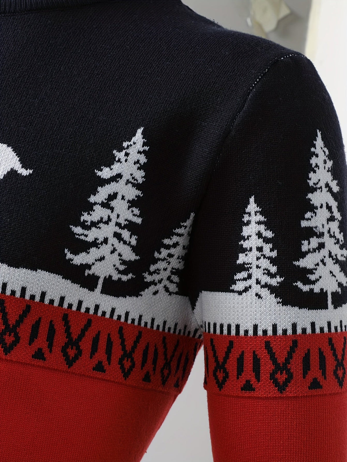 Christmas Sweater Men Reindeer Motif Knit Pullover Crew Neck