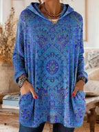 Women cotton blend hoodie ethnic print tunic length relaxed fit
