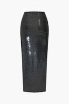 Two-piece sequin skirt set black bustier top and high-waisted maxi skirt formal party
