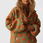 Women floral half zip jumper long sleeve loose fit in yellow pink orange