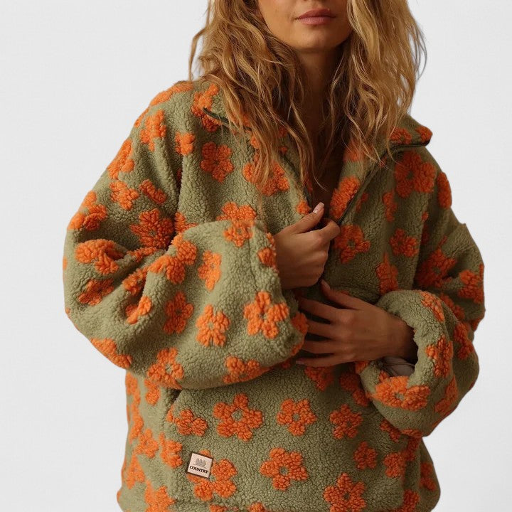 Women floral half zip jumper long sleeve loose fit in yellow pink orange