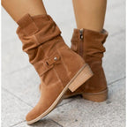 Women suede ankle boots low block heel slouch cuff side zip