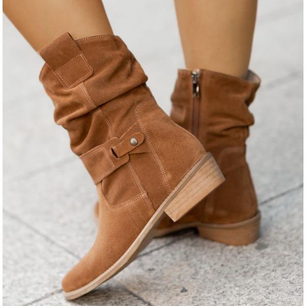 Women suede ankle boots low block heel slouch cuff side zip