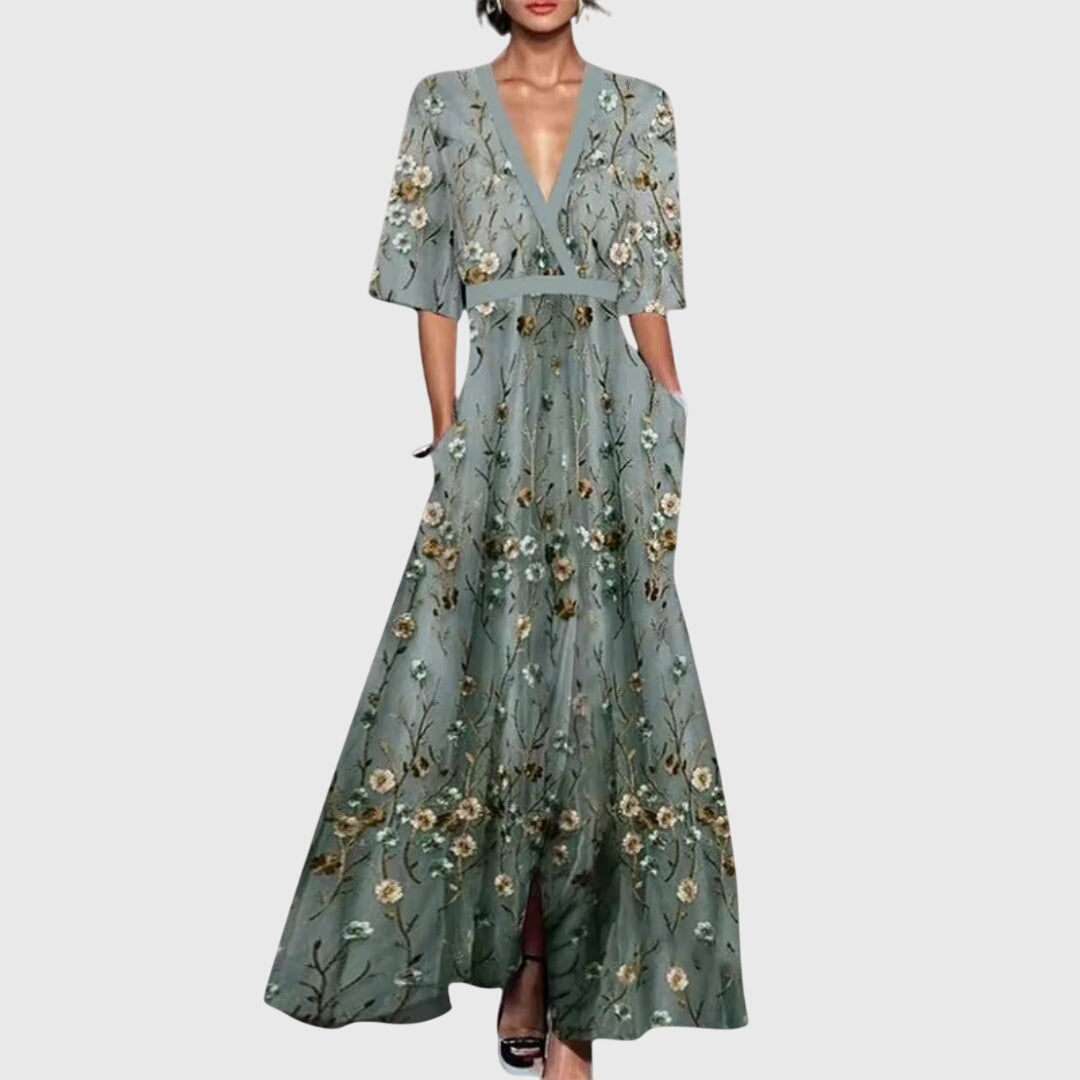 Women's spring floral dress with flared skirt and waist belt, available in red, white and green