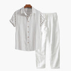 Men's linen shirt and pants set, breathable summer two-piece outfit in navy, white and black