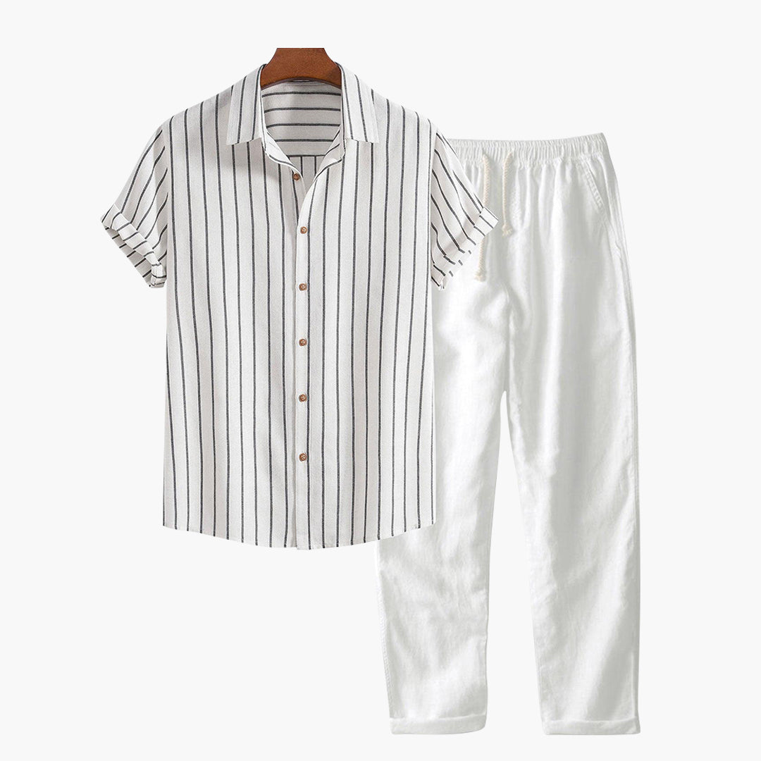 Men's linen shirt and pants set, breathable summer two-piece outfit in navy, white and black