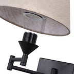 Swing arm wall lamp plug-in with linen shade and black iron frame, 1-light