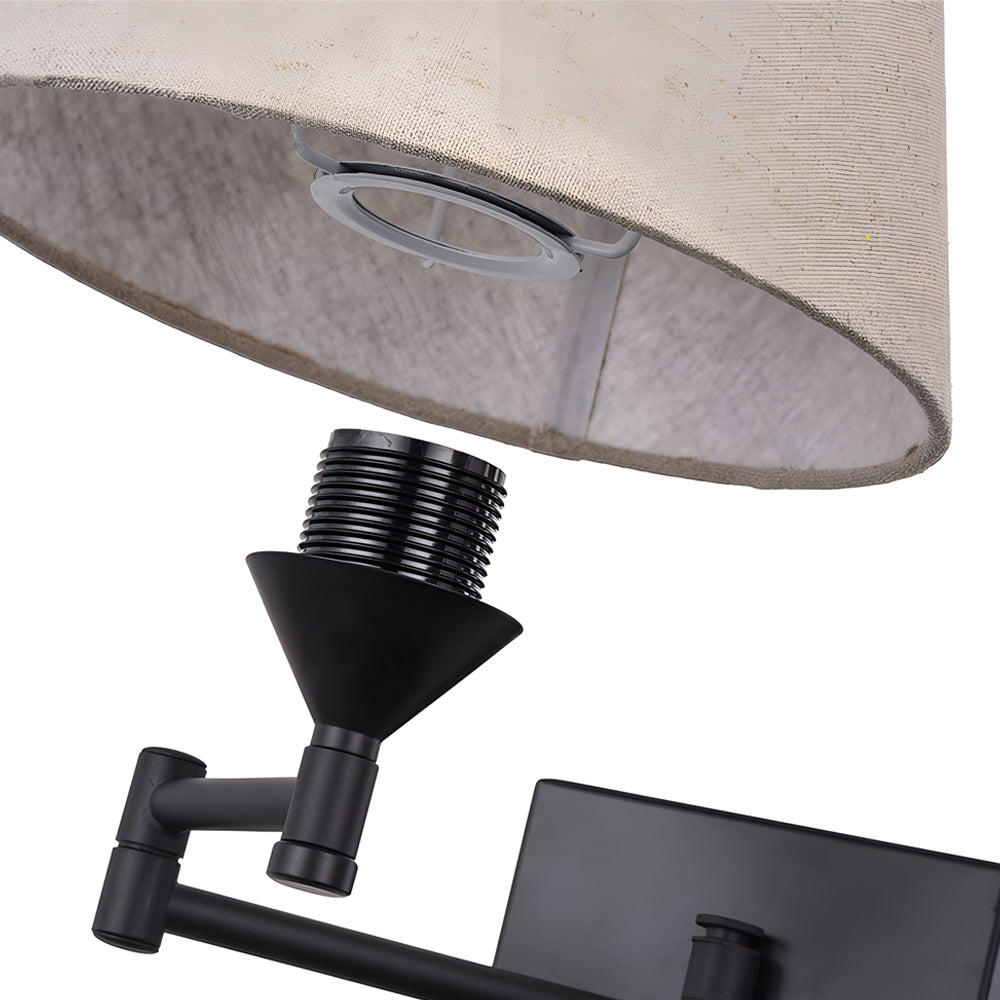 Swing arm wall lamp plug-in with linen shade and black iron frame, 1-light