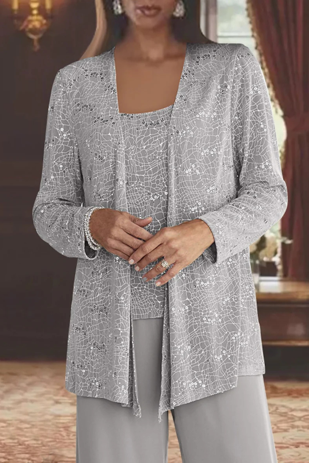 Women's evening three-piece set with wide-leg trousers and open-front jacket, XS–2XL