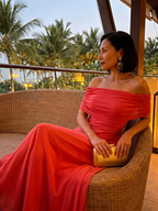 Women off shoulder draped midi dress with sheer overlay and flowing skirt