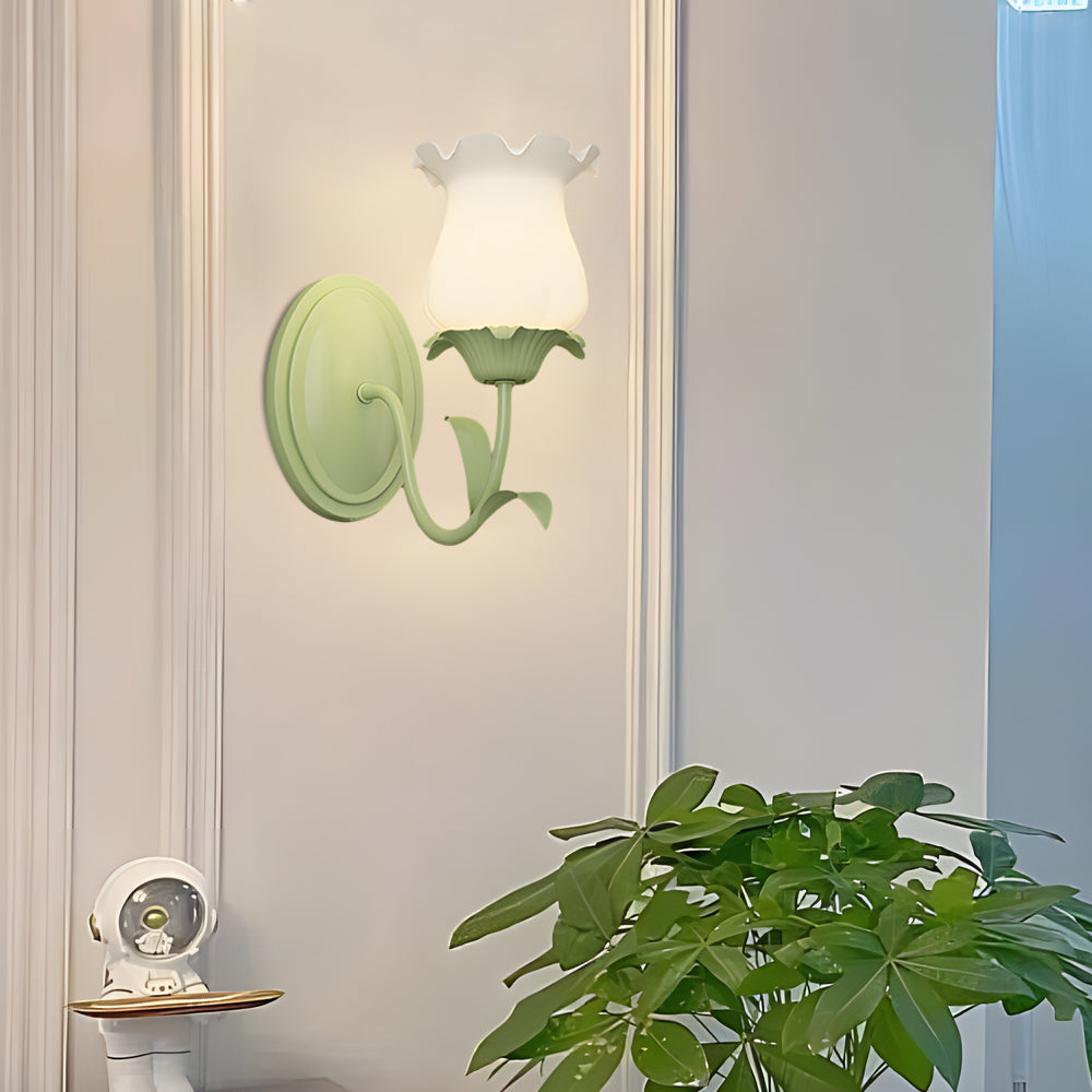 Green floral glass wall lamp, 3-step dimmable, 1 or 2-light indoor fixture