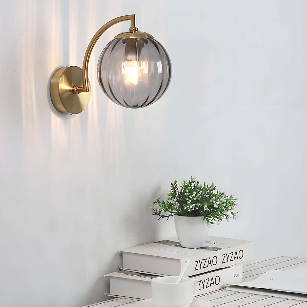 Wall lamp curved arm spherical ribbed glass shade gold finish modern indoor